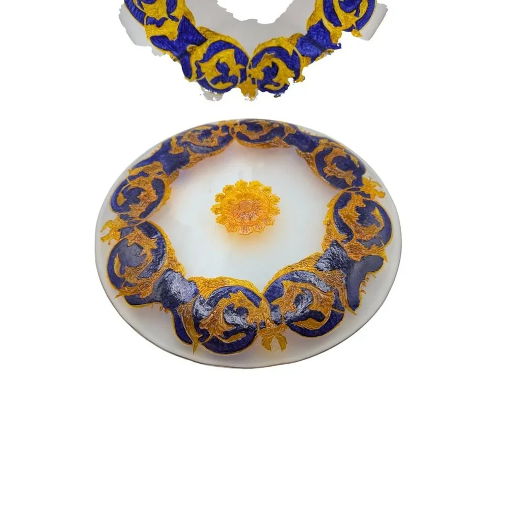 Vintage Singl3 Glass Decorative Plate w Blue Gold Hand Painted Versace Style 14